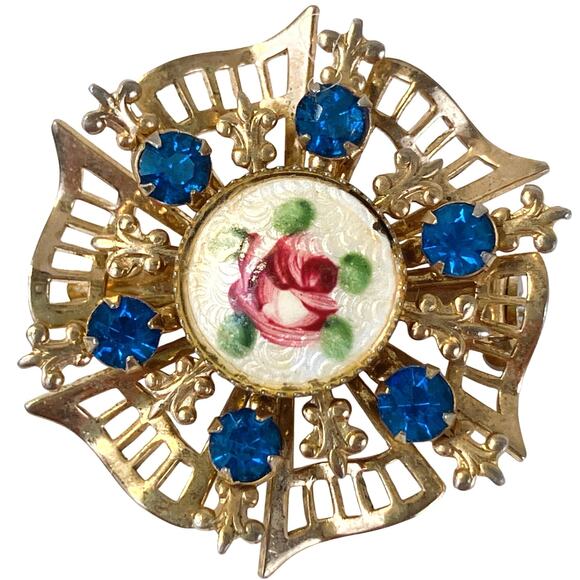Vintage 1950s Brooch Guilloche Enamel Rose Blue Rhinestone Gold Tone Sparkly Pin - Picture 1 of 9